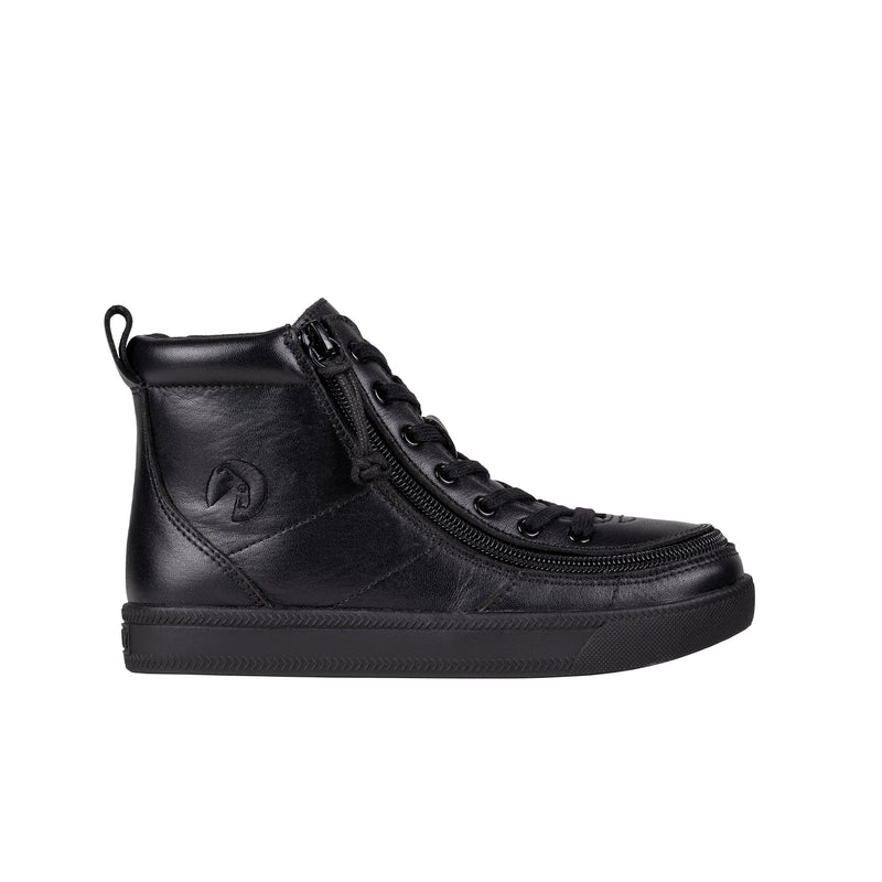 The BILLY Footwear Kids'/Toddler Classic Lace High in black leather features a wraparound zipper, lace-up front, and textured sole. This high top shoe is shown in profile facing left on a white background.