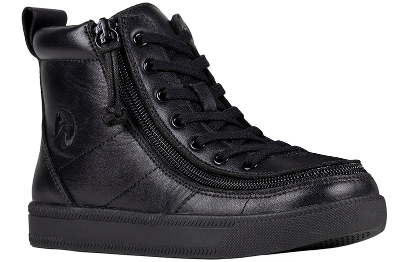 Kid's Black to the Floor Leather BILLY Classic Lace Highs, zipper shoes, like velcro, that are adaptive, accessible, inclusive and use universal design to accommodate an afo. BILLY Footwear is medium and wide width, M, D and EEE, are comfortable, and come in toddler, kids, mens, and womens sizing.