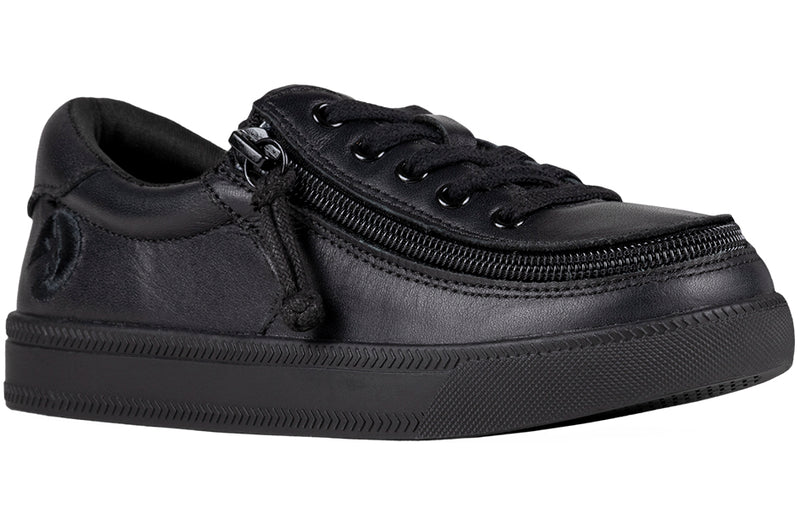 Kid's Black to the Floor Leather BILLY Classic Lace Lows, zipper shoes, like velcro, that are adaptive, accessible, inclusive and use universal design to accommodate an afo. BILLY Footwear is medium and wide width, M, D and EEE, are comfortable, and come in toddler, kids, mens, and womens sizing.