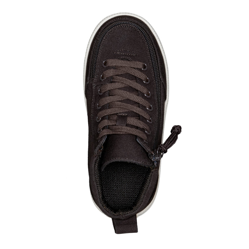 Top view of the FINAL SALE - Brown BILLY Classic D|R High sneaker by BILLY Footwear, featuring laces, a side zipper, removable insoles, and a fabric heel pull tab. This AFO-friendly shoe is shown against a white background.