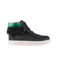 Black high-top sneaker with green lining on a white background