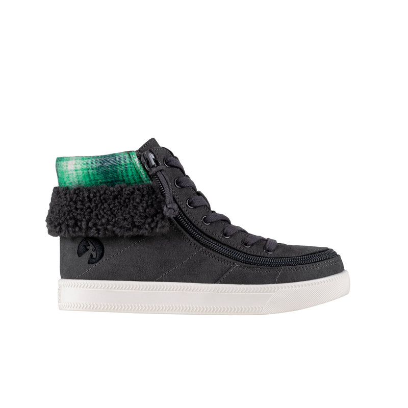 Black high-top sneaker with green lining on a white background