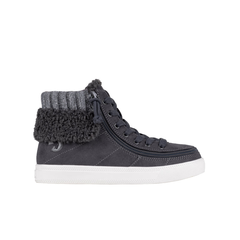 Dark grey high-top sneaker with knit cuff and white sole on a white background