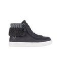 Dark grey high-top sneaker with knit cuff and white sole on a white background