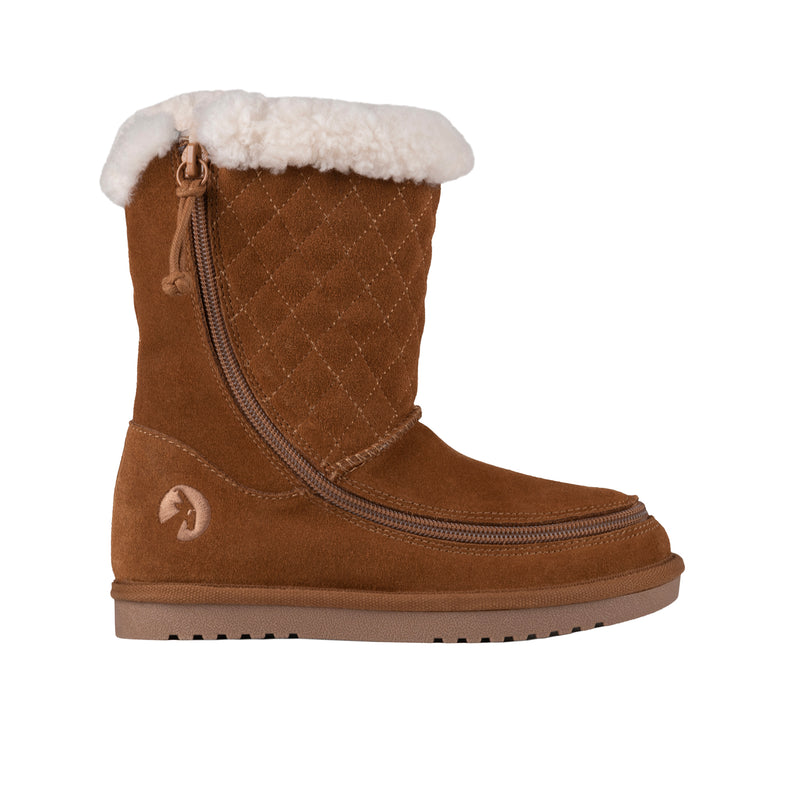 Brown winter boot with white fur lining on a white background