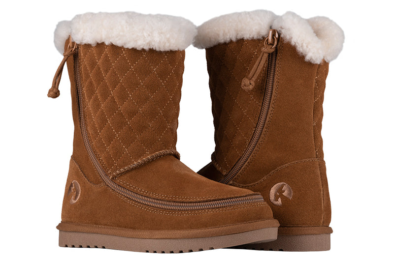 Side by side of Kid's Chestnut BILLY Cozy Quilt Lux Boots, zipper shoes, like velcro, that are adaptive, accessible, inclusive and use universal design to accommodate an afo. BILLY Footwear is medium and wide width, M, D and EEE, are comfortable, and come in toddler, kids, mens, and womens sizing.