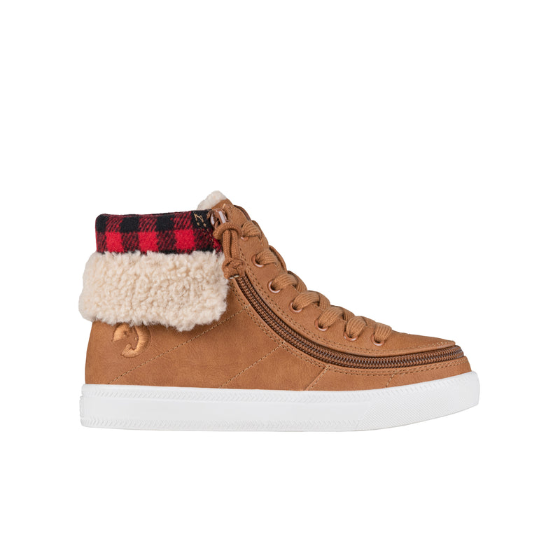 Brown high-top sneaker with plaid and fur details on a white background