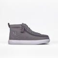 The “FINAL SALE - Dark Grey BILLY Classic D|R High” by BILLY Footwear is a gray mid-top kids’ sneaker with a side zipper, lace-up closure, white rubber sole, and removable insoles. Shown on a plain white background.