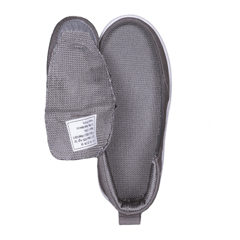 A pair of dark grey FINAL SALE BILLY Classic D|R High slip-ons by BILLY Footwear, with one shoe upright and the other flipped to display the interior label and sole texture. The shoes feature textured fabric and are AFO-friendly.