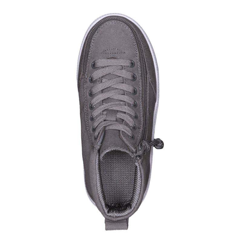 A top view of the FINAL SALE - Dark Grey BILLY Classic D|R High sneaker by BILLY Footwear with laces and a white sole, shown on a white background. This AFO-friendly shoe has an elastic toggle for an adjustable fit and removable insoles for comfort.