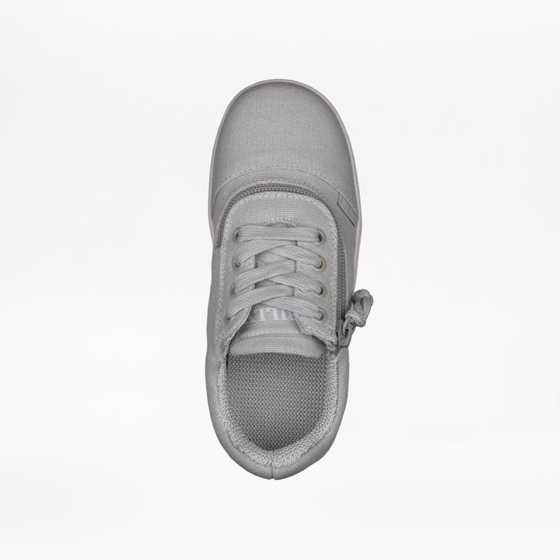 A top-down view of the FINAL SALE - Grey BILLY D|R Short Wrap Low Tops by BILLY Footwear, a kids' adaptive sneaker with laces and a side zipper, displayed on a plain white background.