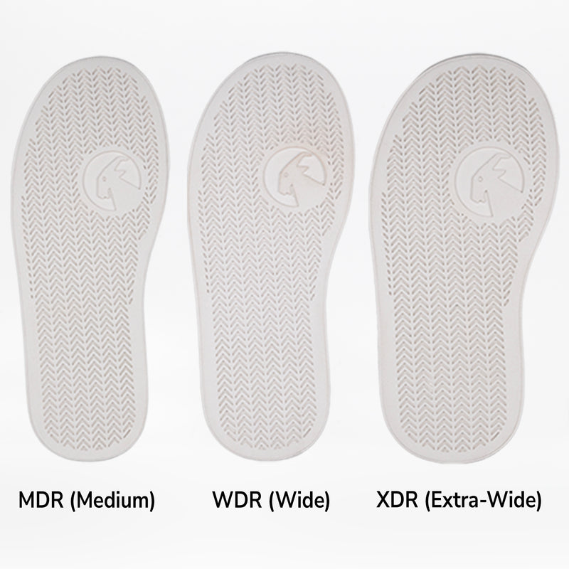 Three grey insoles for FINAL SALE - Grey BILLY D|R Short Wrap Low Tops by BILLY Footwear are displayed side by side, labeled MDR (Medium), WDR (Wide), and XDR (Extra-Wide), showing increasing width from left to right.