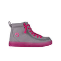 The BILLY Footwear Kids'/Toddler Classic Lace High sneaker in Grey/Pink features bright pink laces, sole, and accents with a stylish wraparound zipper, shown from the side on a white background.