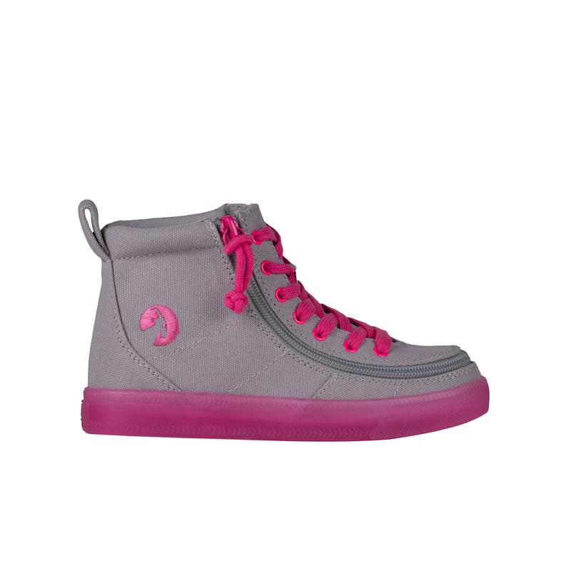 The BILLY Footwear Kids'/Toddler Classic Lace High sneaker in Grey/Pink features bright pink laces, sole, and accents with a stylish wraparound zipper, shown from the side on a white background.
