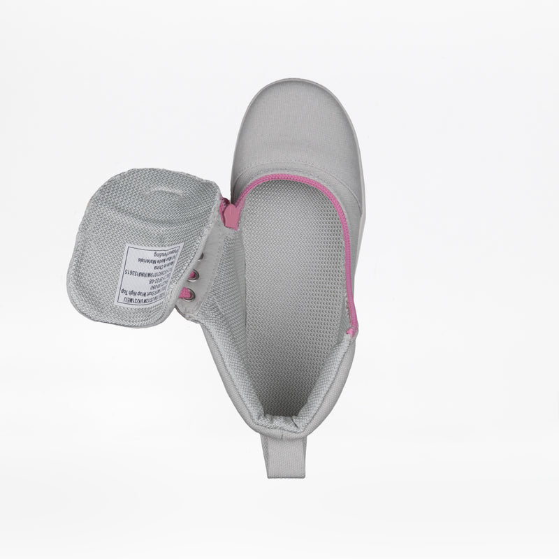 Top view of the FINAL SALE - Grey/Pink BILLY D|R Short Wrap High Tops by BILLY Footwear, a light gray adaptive slip-on with a partly open tongue, pink trim, and an interior white label with text.