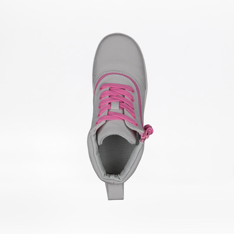 The FINAL SALE - Grey/Pink BILLY D|R Short Wrap High Tops by BILLY Footwear are gray sneakers with bright pink laces, a side zipper detail, and removable insoles, shown from above against a plain white background.