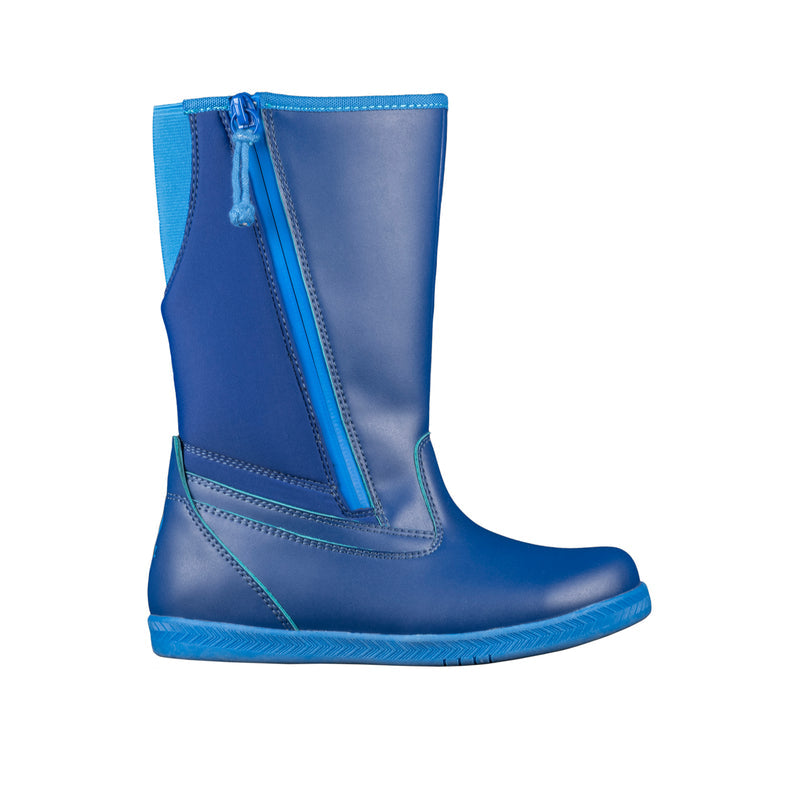 Blue EZ boot with a zipper on a white background