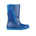 Blue EZ boot with a zipper on a white background