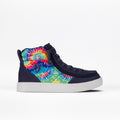 The Navy Tie Dye BILLY Street High is a vibrant high-top sneaker with a striking navy tie dye pattern, navy blue accents, a white sole, and an outer wraparound zipper for style and convenience.