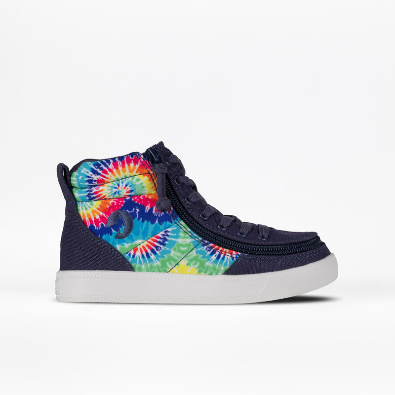The Navy Tie Dye BILLY Street High is a vibrant high-top sneaker with a striking navy tie dye pattern, navy blue accents, a white sole, and an outer wraparound zipper for style and convenience.
