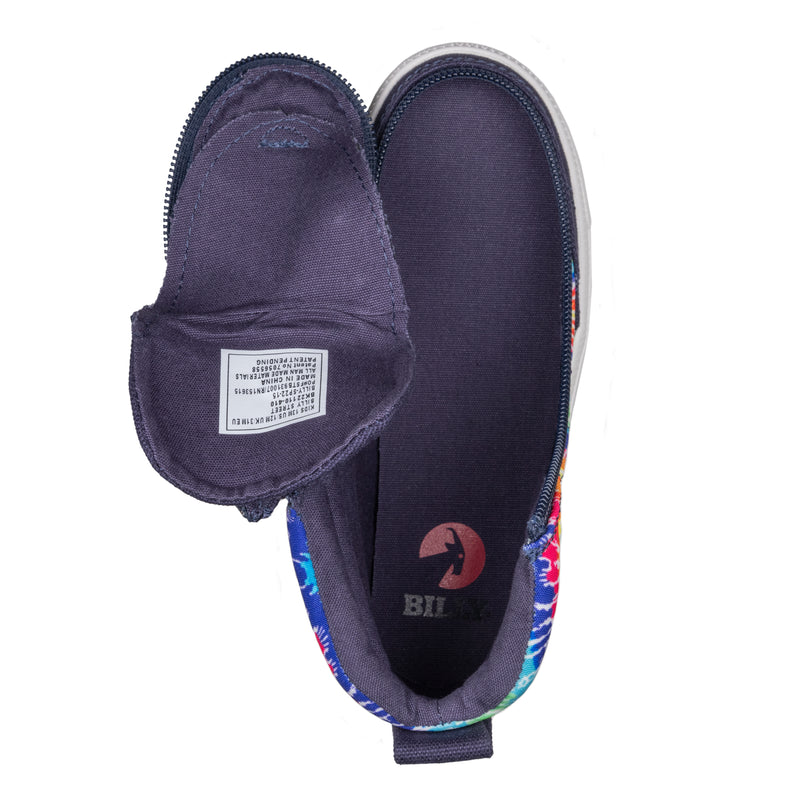 A top view of the FINAL SALE - Navy Tie Dye BILLY Street High slip-on shows a wraparound zipper, with the upper fabric unzipped and folded open to display the insole and an inner label inside the tongue.
