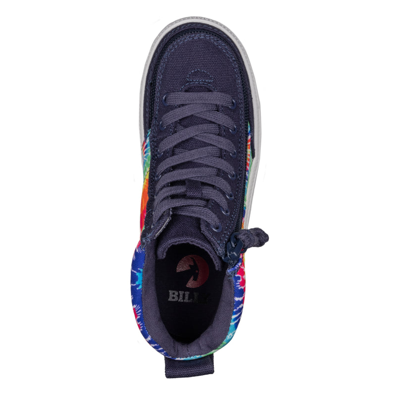 Top view of the FINAL SALE - Navy Tie Dye BILLY Street High, featuring a multicolored tie-dye pattern on the sides, dark blue laces, and BILL branding on the black insole, photographed against a white background.