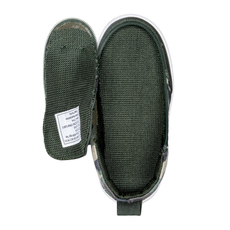 Two Olive Camo BILLY Classic D|R High adaptive pet shoes from BILLY Footwear are shown: one stands upright with a visible white label, and the other lies flat, displaying its mesh surface and camouflage sides.