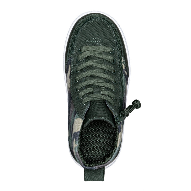 Top view of the FINAL SALE - Olive Camo BILLY Classic D|R High by BILLY Footwear. Features a camouflage pattern, white sole, fabric pull tab, lace-up design, and removable insoles. AFO-friendly. Shown on a white background.