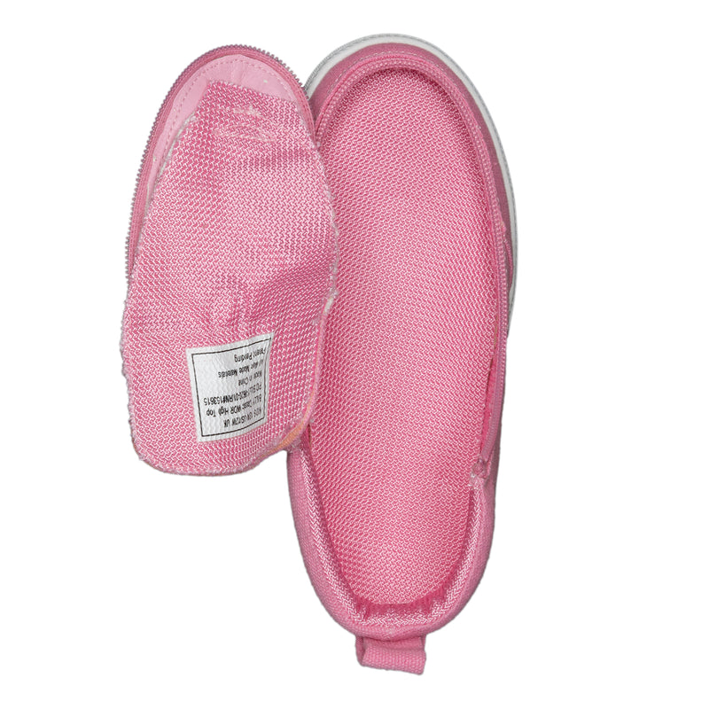 A pair of FINAL SALE - Pink BILLY Classic D|R High slippers by BILLY Footwear, with textured fabric and removable insoles. One is upright, the other displays the inside label, both on a white background.