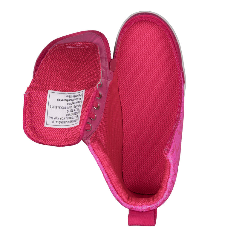The FINAL SALE - Pink Print BILLY Classic D|R High is shown from above with the tongue lifted to reveal a white label and inner sole. Designed for adjustable fit and custom orthotic compatibility.