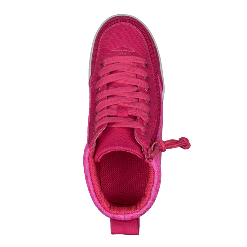 Top view of the FINAL SALE - Pink Print BILLY Classic D|R High, a bright pink high-top with matching laces and interior, heel loop, and top lace tag—designed for adjustable fit and ideal as AFO-friendly shoes.