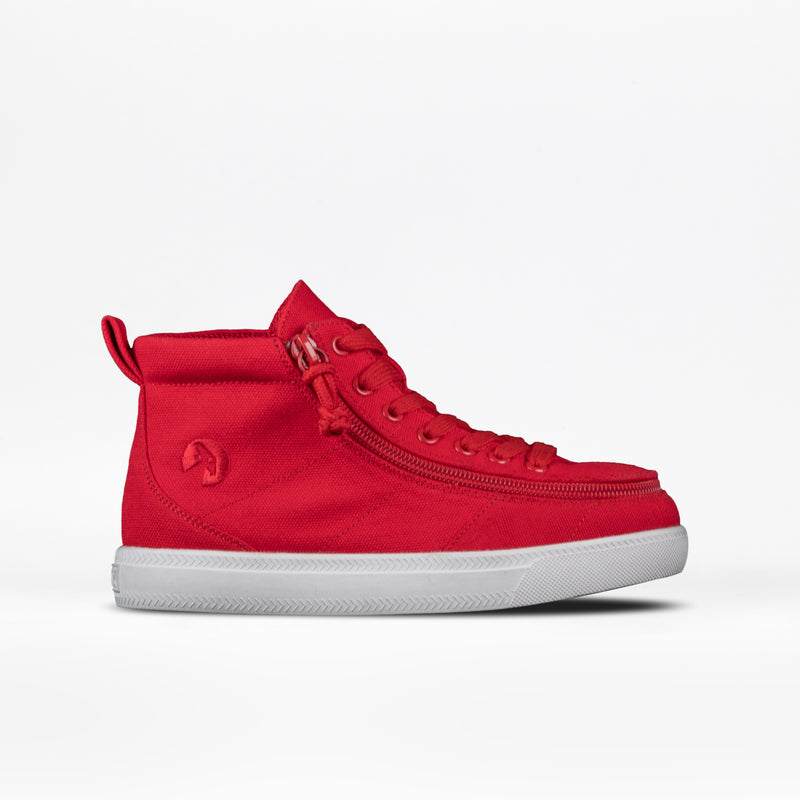 The FINAL SALE - Red BILLY Classic D|R High by BILLY Footwear is a bright red high-top sneaker with a side zipper, lace-up front, and white rubber sole—an adaptive, AFO-friendly kids’ shoe shown on a plain white background.