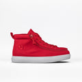 The FINAL SALE - Red BILLY Classic D|R High by BILLY Footwear is a bright red high-top sneaker with a side zipper, lace-up front, and white rubber sole—an adaptive, AFO-friendly kids’ shoe shown on a plain white background.