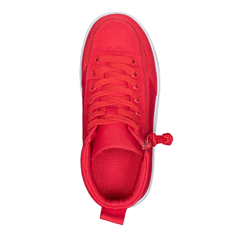 A top-down view of the FINAL SALE - Red BILLY Classic D|R High kids’ orthopedic sneaker by BILLY Footwear, featuring red laces, a fabric upper, white sole, and back loop, displayed on a white background.