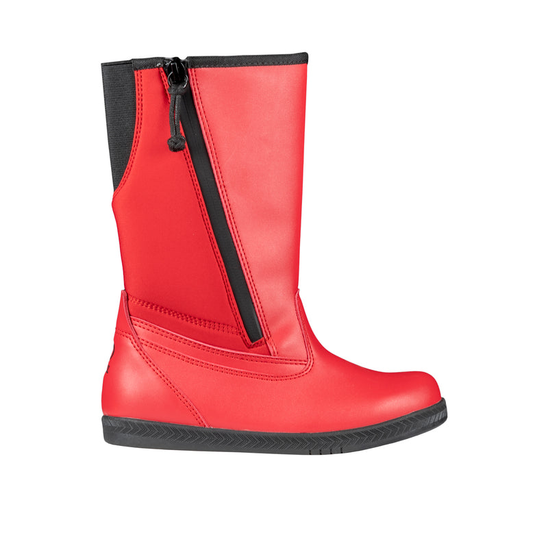 Red EZ boot with a black zipper on a white background