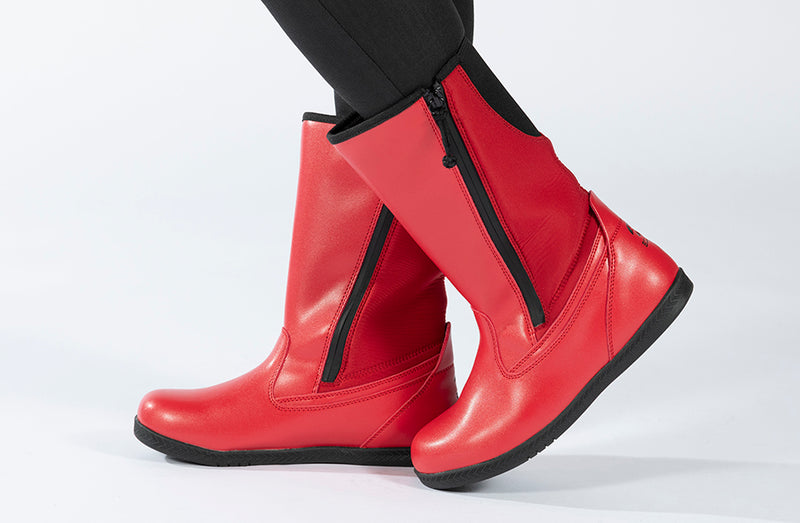 Red Rain Boots, zipper shoes, like velcro, that are adaptive, accessible, inclusive and use universal design to accommodate an afo. BILLY Footwear is medium and wide width, M, D and EEE, are comfortable, and come in toddler, kids, mens, and womens sizing.