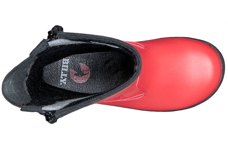 Red Rain Boots, zipper shoes, like velcro, that are adaptive, accessible, inclusive and use universal design to accommodate an afo. BILLY Footwear is medium and wide width, M, D and EEE, are comfortable, and come in toddler, kids, mens, and womens sizing.