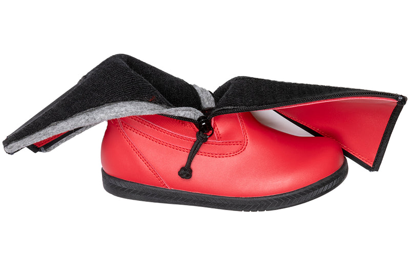 Red Rain Boots, zipper shoes, like velcro, that are adaptive, accessible, inclusive and use universal design to accommodate an afo. BILLY Footwear is medium and wide width, M, D and EEE, are comfortable, and come in toddler, kids, mens, and womens sizing.