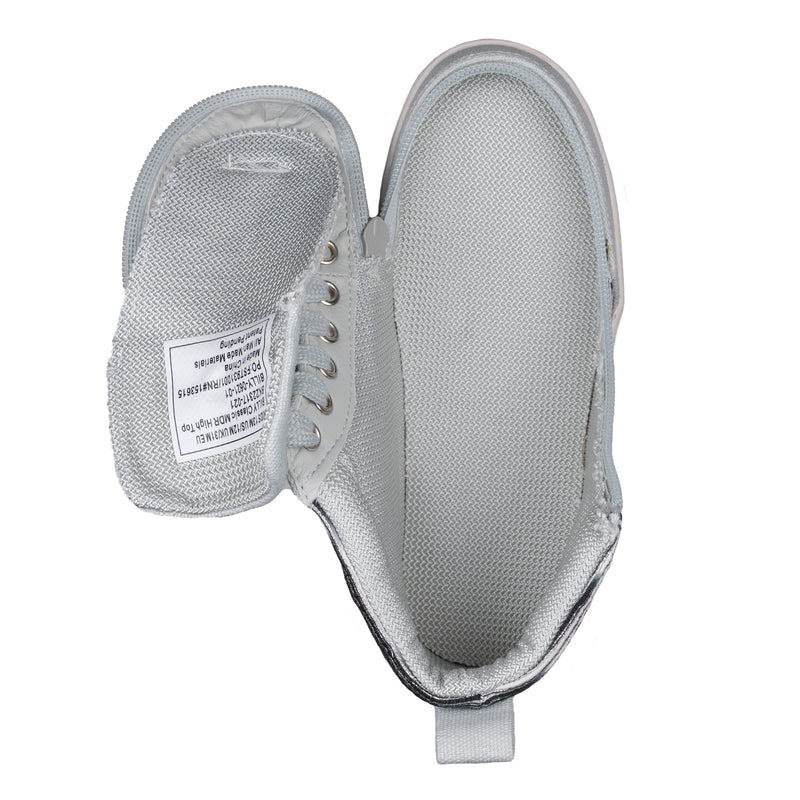 A top view of the FINAL SALE - Silver Streak BILLY Classic D|R High shows a single gray shoe with silver eyelets, soft insole, tongue pulled back to reveal the inner lining and white label, and an adjustable fit ideal for custom orthotics.