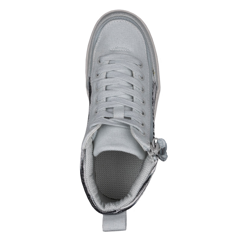 Top view of the FINAL SALE - Silver Streak BILLY Classic D|R High, a light gray sneaker with white laces, textured tongue, padded collar, fabric upper, heel loop, and adjustable fit for comfort.