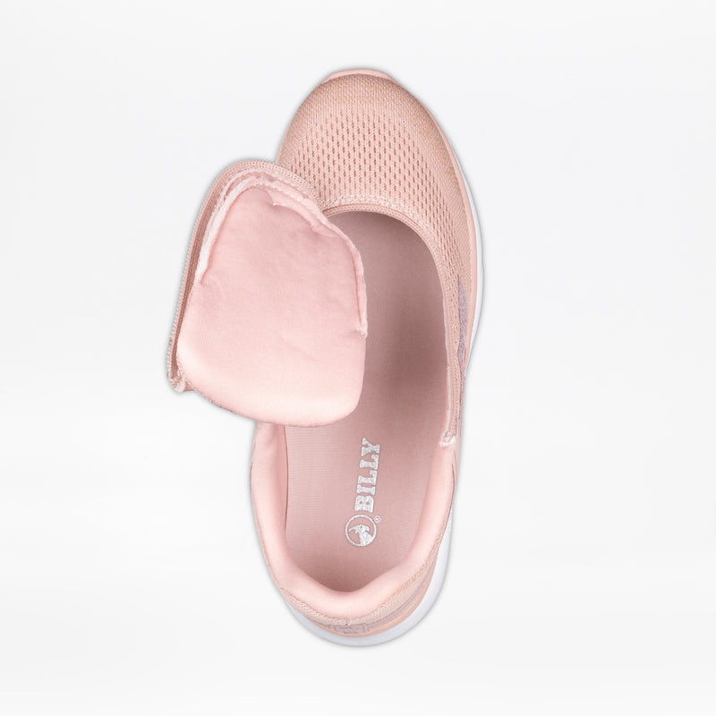 Top view of the FINAL SALE - Women's Pink/Exotic BILLY Sport Inclusion sneaker by BILLY Footwear, showing a wide, cushioned flap open to the side, revealing the interior and logo. The shoe features mesh texture and is part of the Sport Inclusion collection.