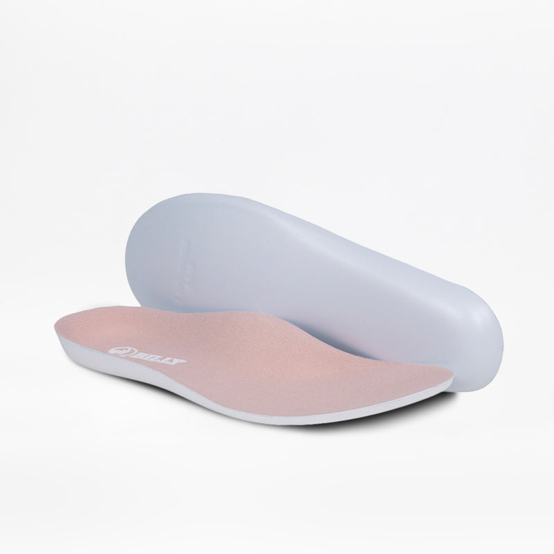 The FINAL SALE - Women's Pink/Exotic BILLY Sport Inclusion orthopedic insoles by BILLY Footwear feature a light pink top layer and white base. Shown on a white background, one insole is flat, the other propped to display the sole.