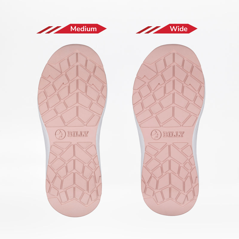 Two pink soles from FINAL SALE - Women's Pink/Exotic BILLY Sport Inclusion shoes by BILLY Footwear, labeled Medium and Wide. Both show the BILLY logo; the wide sole is visibly broader, illustrating sizing differences in these sneakers.