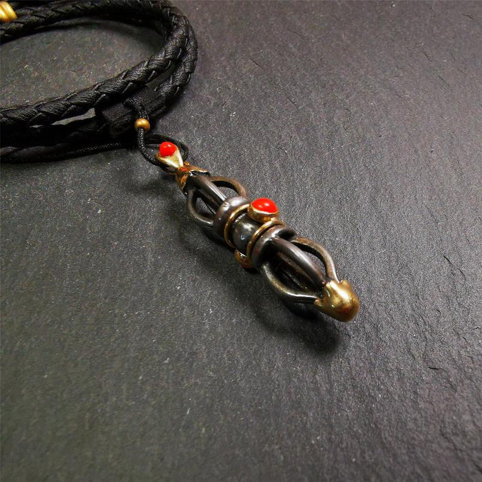 Five-pronged Vajra Necklace 1.77" - Tibetan Buddhist bead necklace, front view