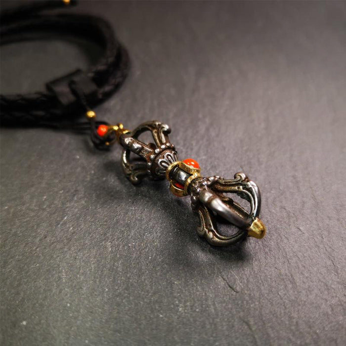 Five-pronged Vajra Necklace 2.0" - Tibetan Buddhist bead necklace, close-up detail
