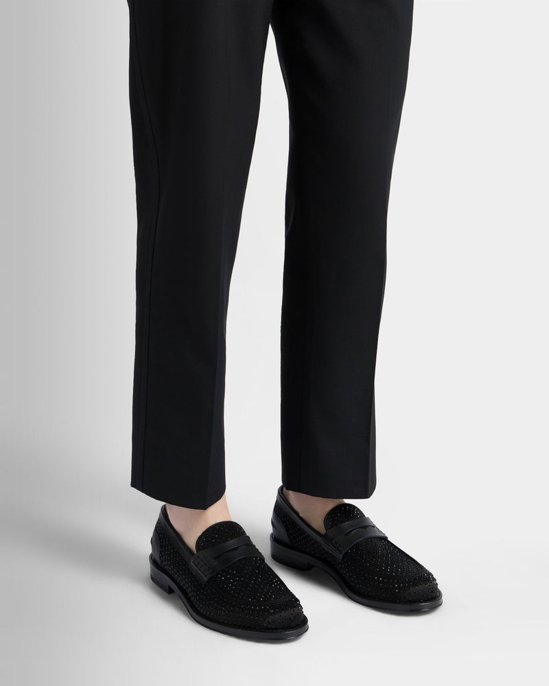 Flair Loafer in Black Fabric and Rhinestones