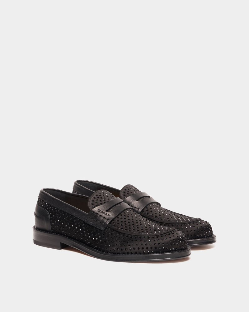Flair Loafer in Black Fabric and Rhinestones