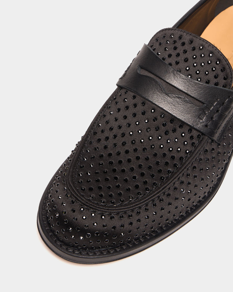 Flair Loafer in Black Fabric and Rhinestones