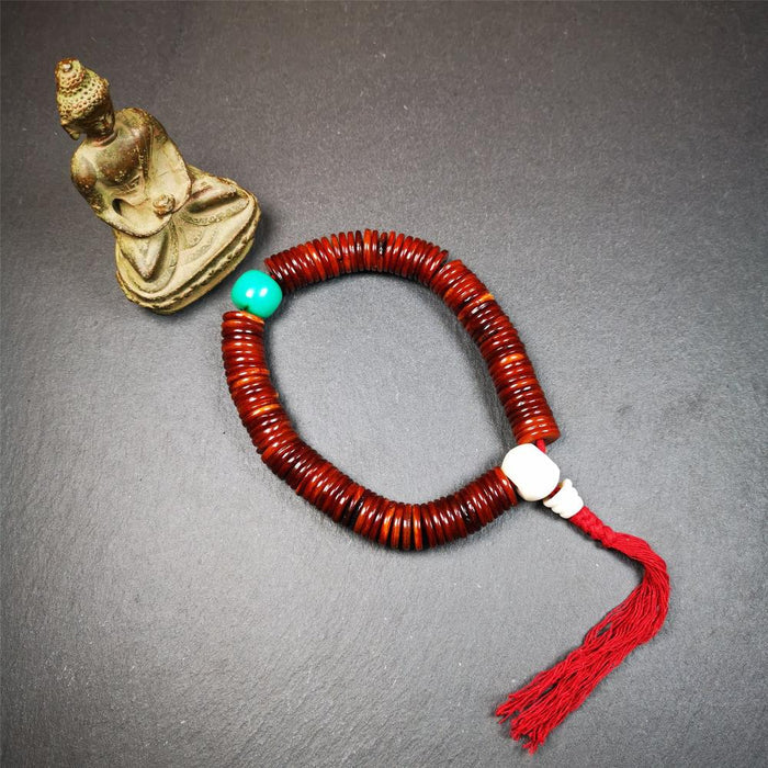Flat Yak Bone Mala,0.55" - Tibetan Buddhist mala beads, close-up detail