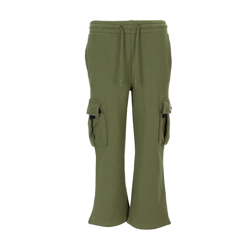 Youth olive fleece cargo sweatpants with drawstring waist and side cargo pockets
